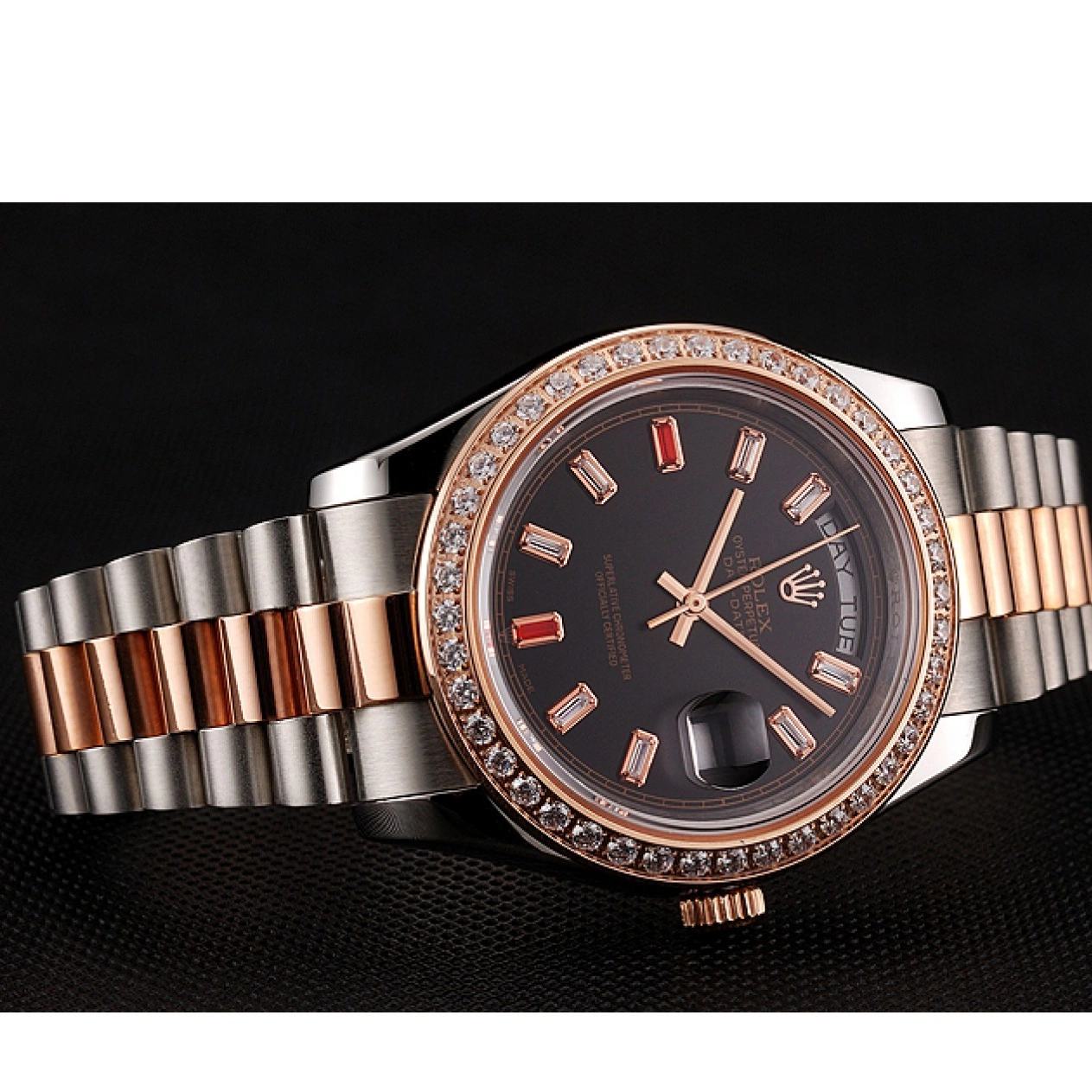 Aaa replica watch Rubies Rose Steel And Rolex Bracelet Dial 1454106 Black Diamonds Day-Date And Swiss Gold Staineless 0820
